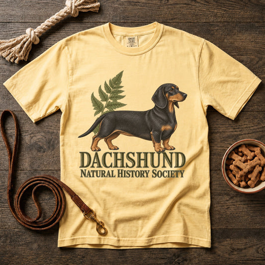 Dachshund Natural History Society T-Shirt - Black and Tan Shorthaired Doxie