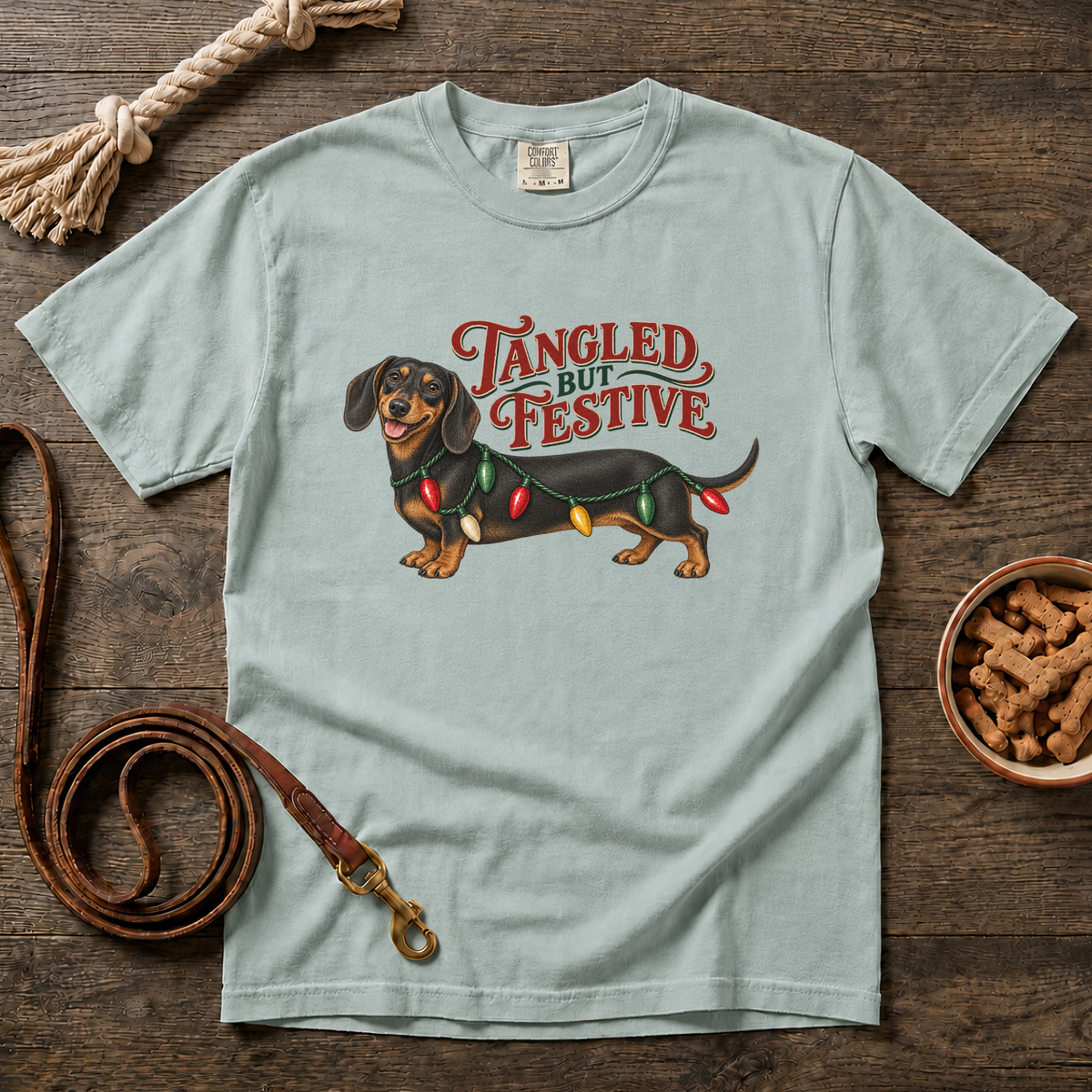 Tangled but Festive Black and Tan Shorthaired Dachshund T-Shirt