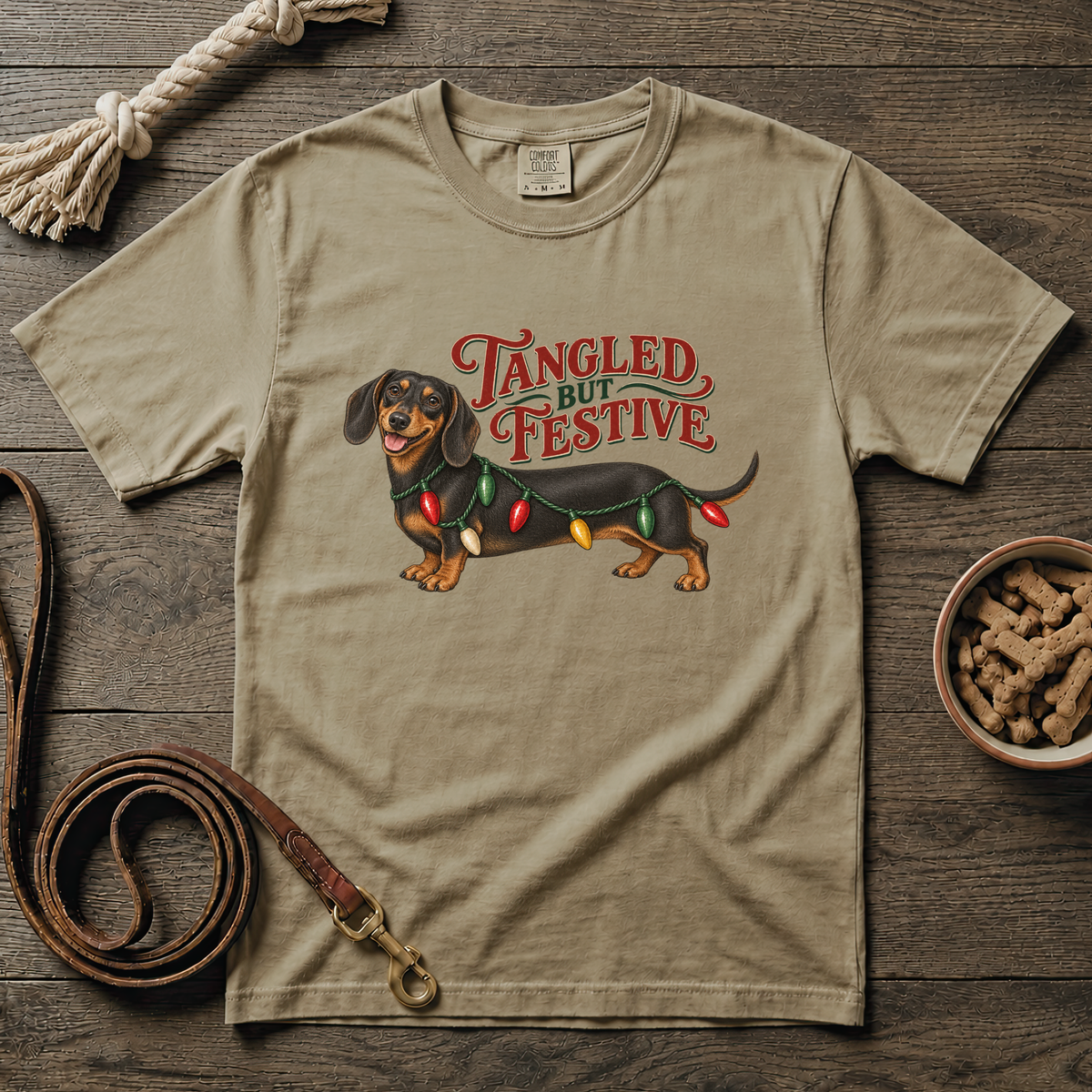 Tangled but Festive Black and Tan Shorthaired Dachshund T-Shirt