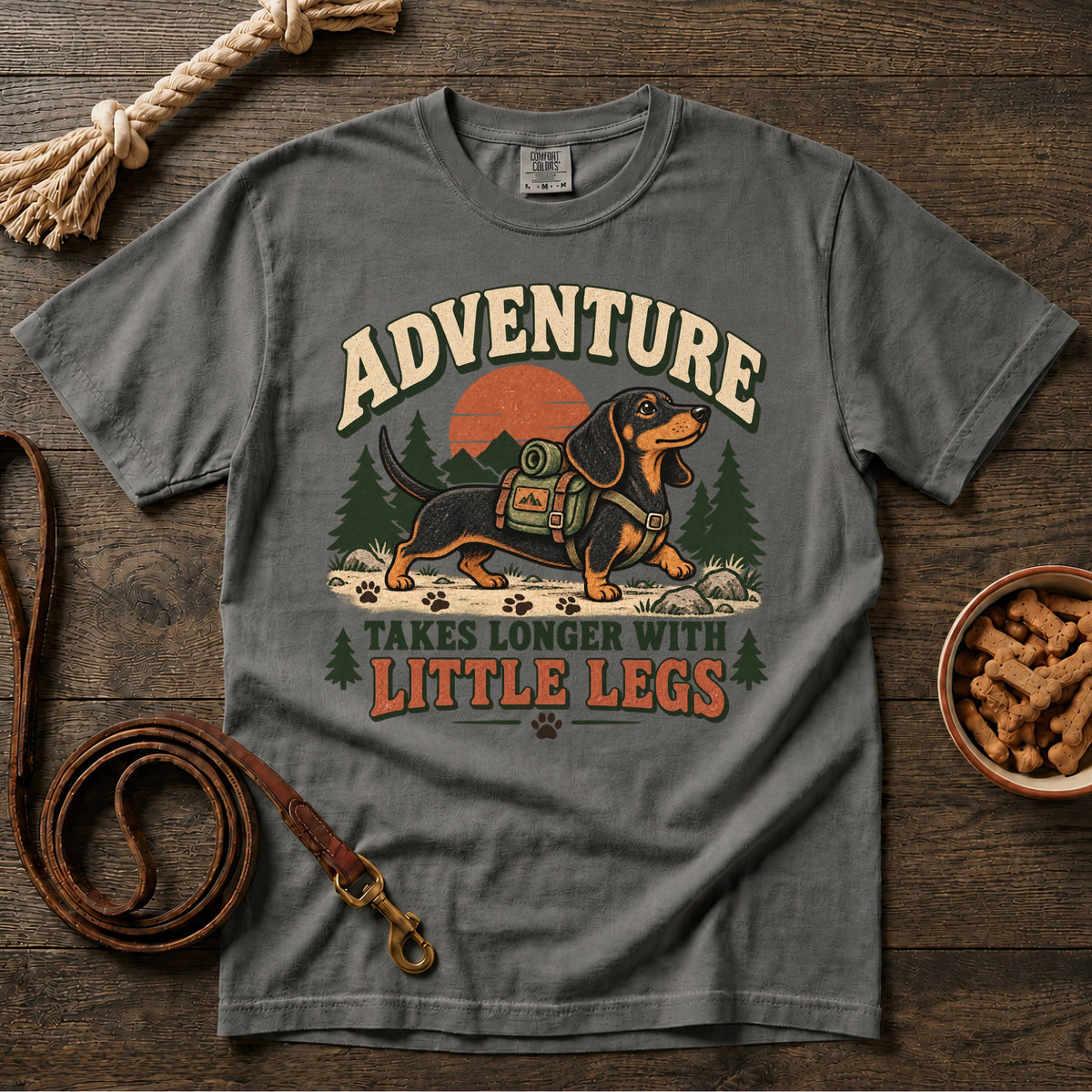 Adventure Takes Longer with Little Legs Black and Tan Shorthaired Dachshund T-Shirt