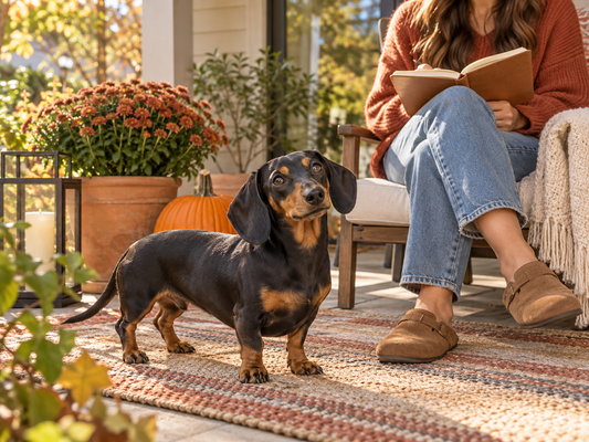 Adult miniature black-and-tan Dachshund on an autumn patio beside a woman with an open notebook and a pumpkin.