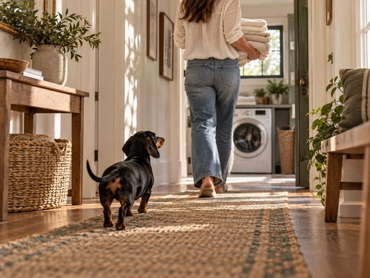 A miniature black-and-tan shorthaired Dachshund follows an adult carrying folded towels through a sunny hallway.