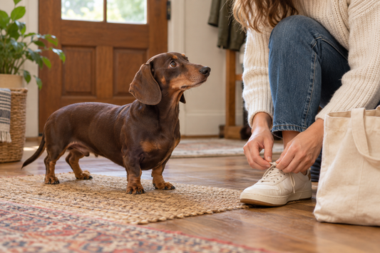 Chocolate-and-tan miniature Dachshund watching a person tie a shoe in a warm entryway.