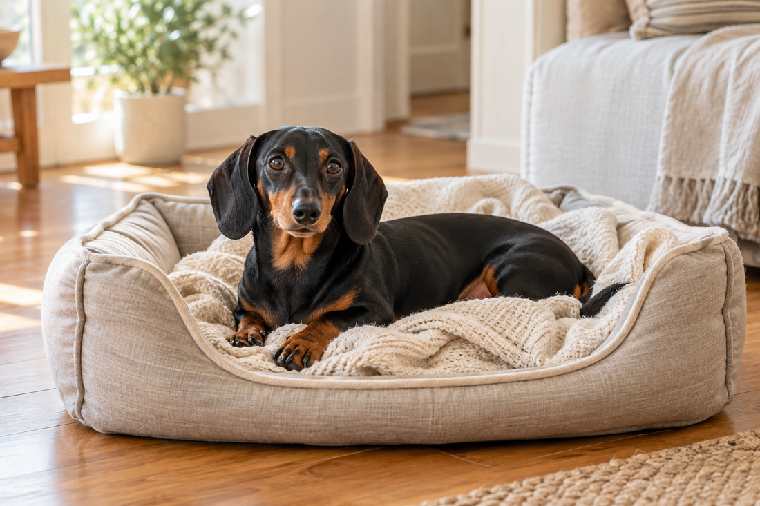 Black-and-tan Dachshund resting on an oatmeal blanket in a low dog bed.