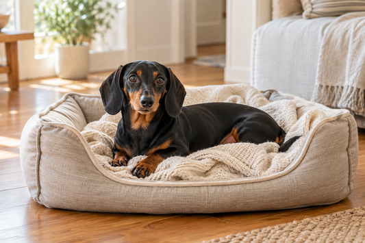Black-and-tan Dachshund resting on an oatmeal blanket in a low dog bed.