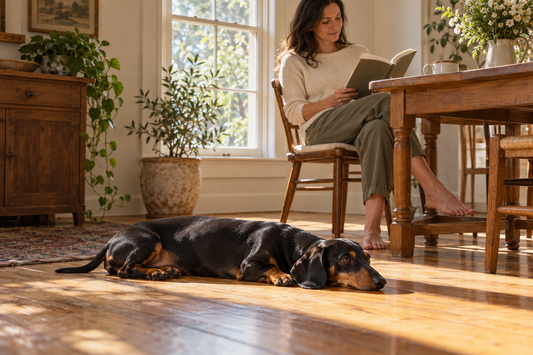 Black-and-tan Dachshund resting in morning sunshine beside a woman reading in a breakfast nook.