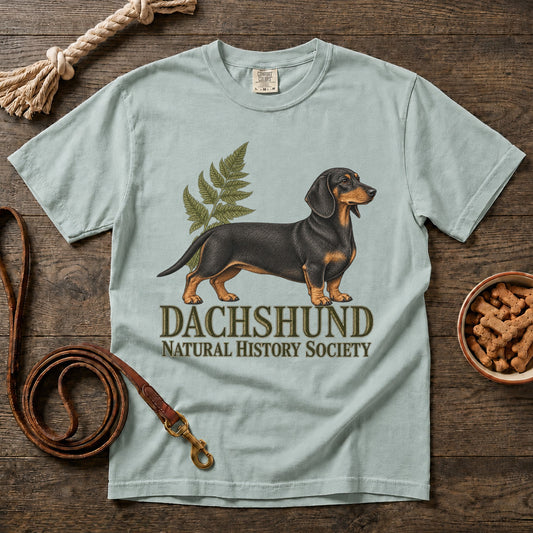 Dachshund Natural History Society T-Shirt - Black and Tan Shorthaired Doxie