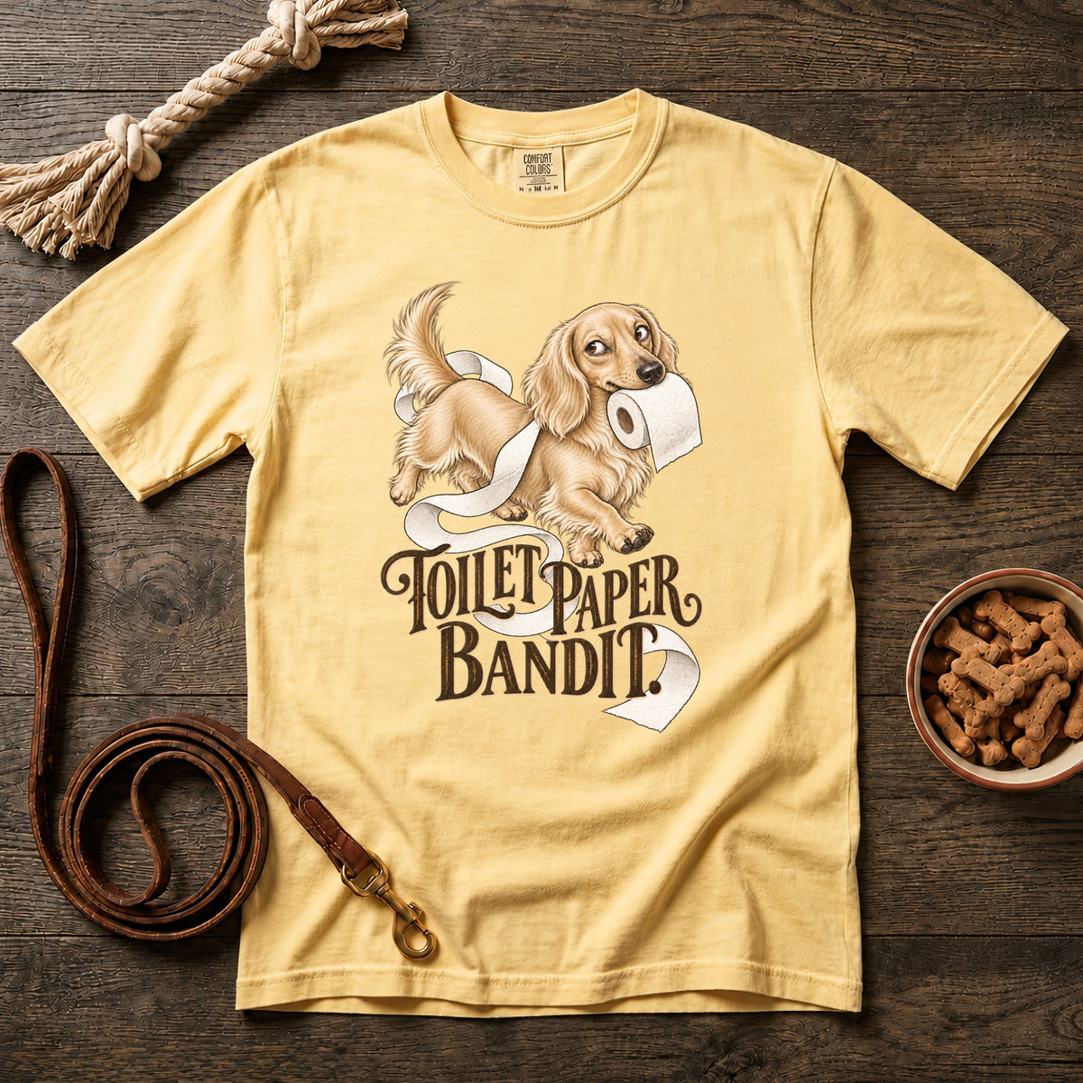 Toilet Paper Bandit Cream Longhaired Dachshund T-Shirt
