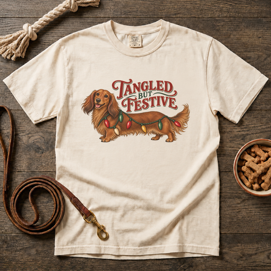 Tangled but Festive Red Longhaired Dachshund T-Shirt