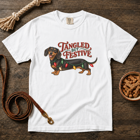 Tangled but Festive Black and Tan Shorthaired Dachshund T-Shirt