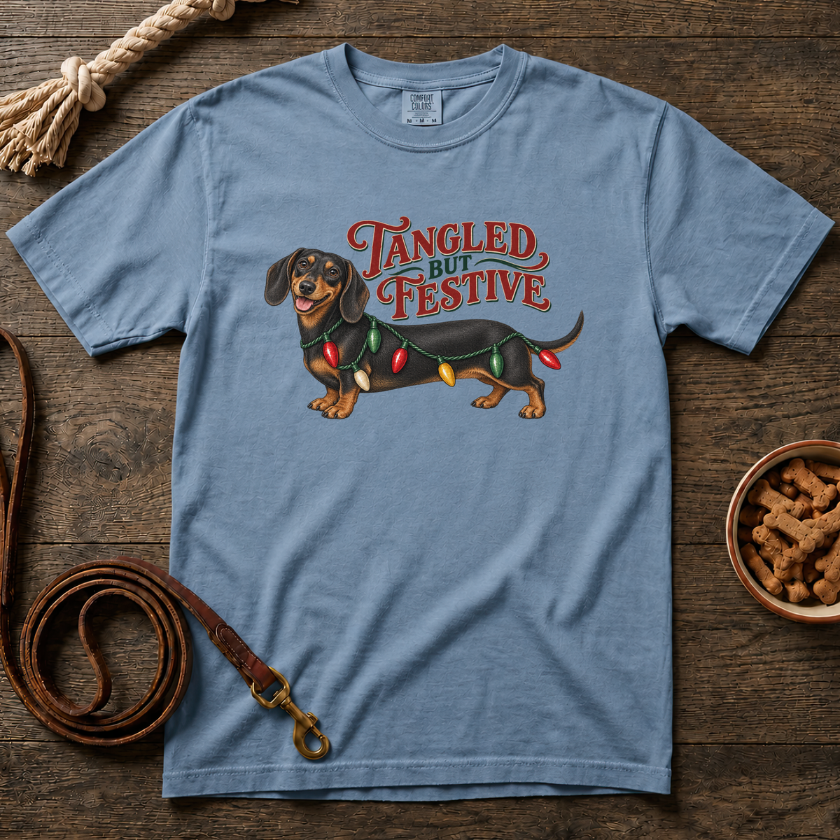 Tangled but Festive Black and Tan Shorthaired Dachshund T-Shirt