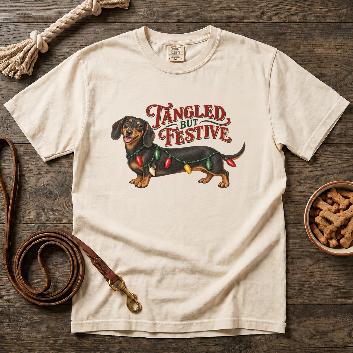 Tangled but Festive Black and Tan Shorthaired Dachshund T-Shirt