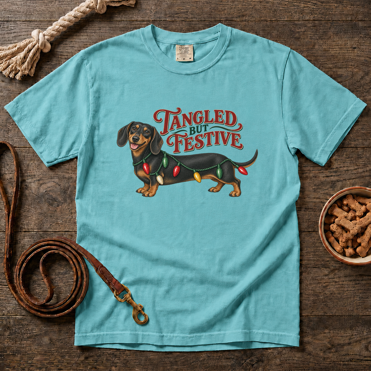 Tangled but Festive Black and Tan Shorthaired Dachshund T-Shirt