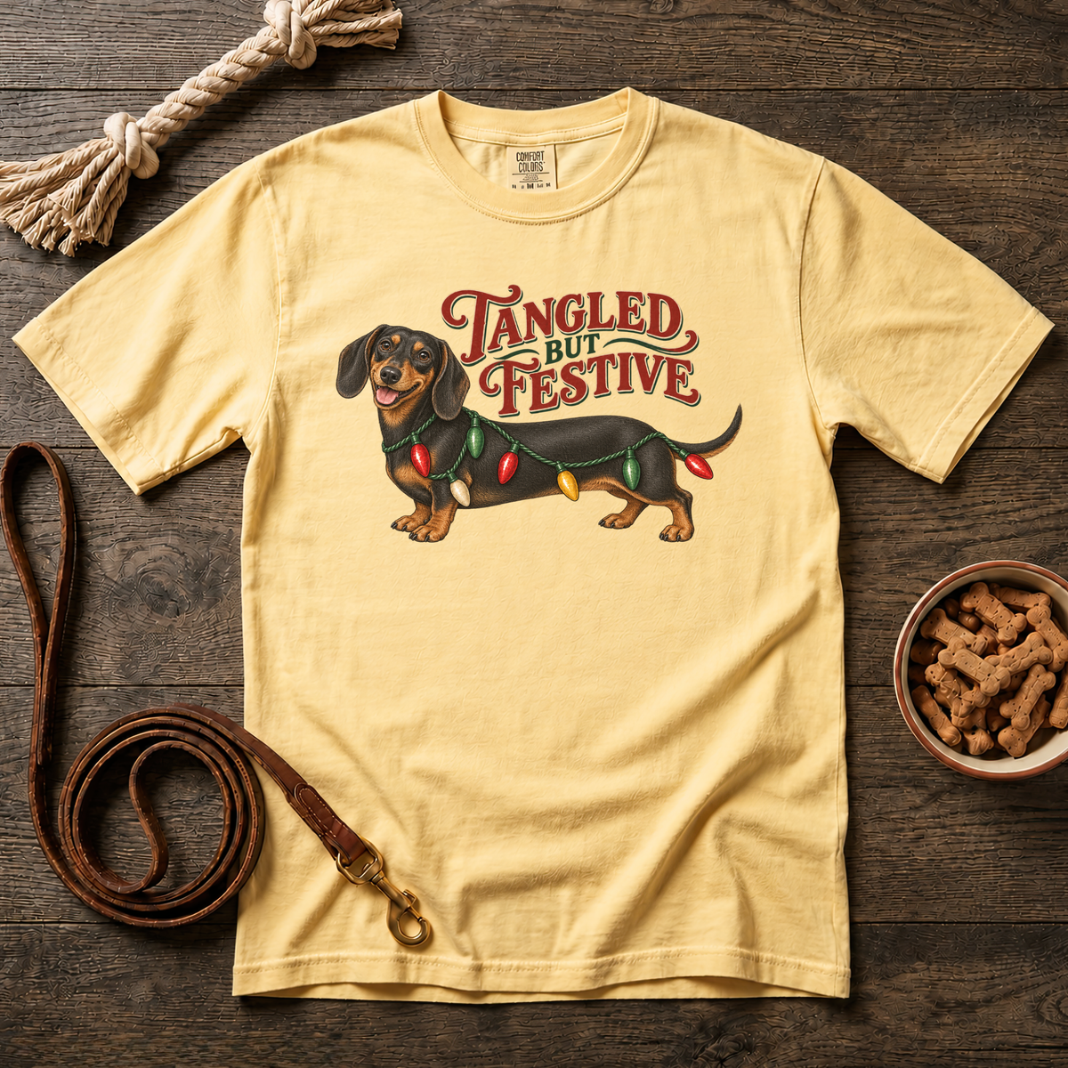 Tangled but Festive Black and Tan Shorthaired Dachshund T-Shirt